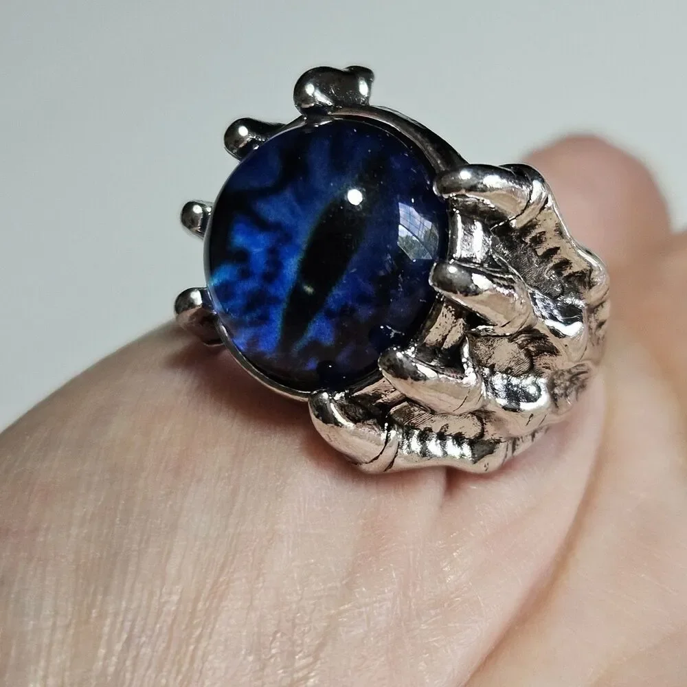 Skull Demon Blue Eye Rings - Silver Tone Ring Adjustable Fashion Jewelry